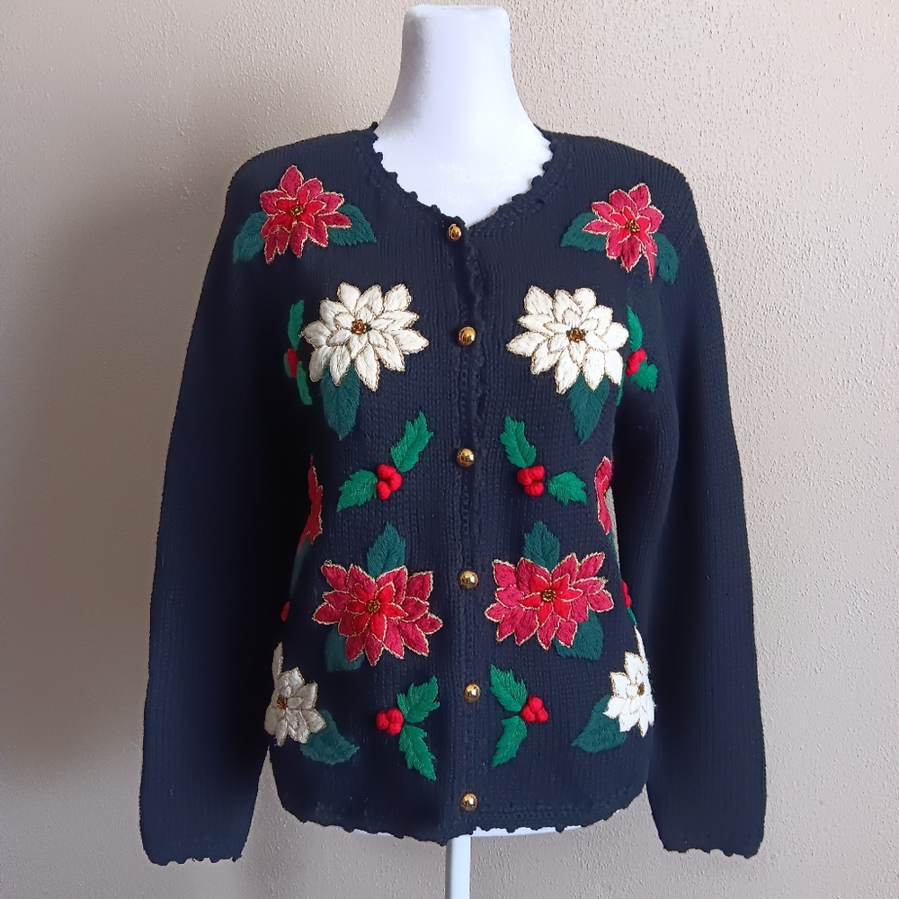 Bechamel Vintage Holiday Heavy Knit Poinsettia Flower Cardigan 90s Christmas PM